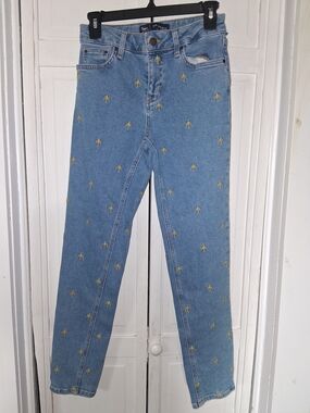 Boden Denim Girlfriend Jeans in Light Blue with Yellow Stitching Palm Trees